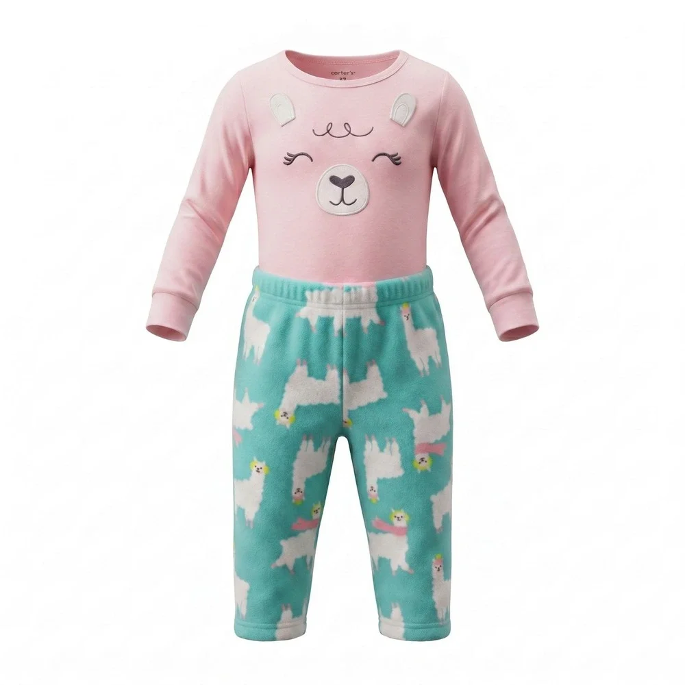 Carters Toddler Girls 2pc Llama Fleece Pajama Set Size 3T Long Sleeves Aqua Pink